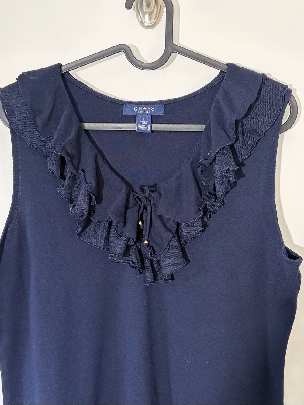 Chaps Navy Ruffle Collar Sleeveless Tank
